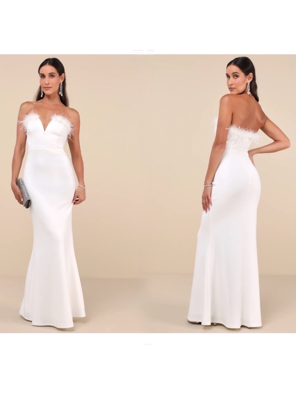 NWT Lulus Extraordinary Glam White Feather Strapless Mermaid Maxi Dress L